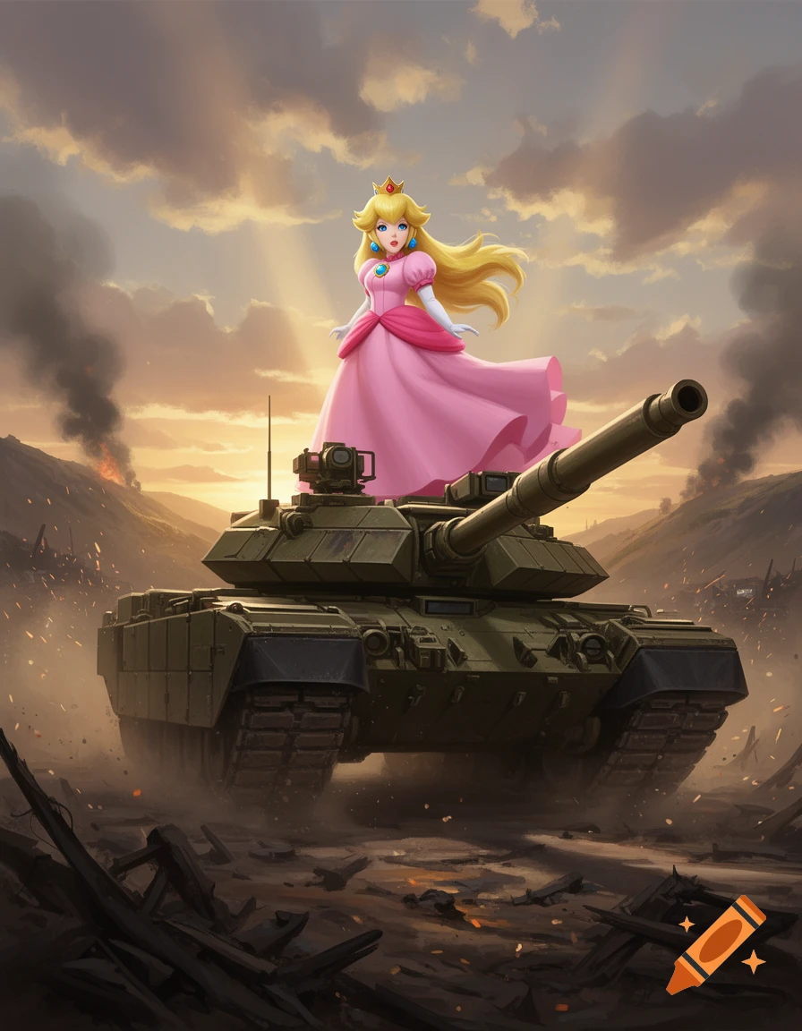 Princess Peach in a pink dress standing atop a military battle tank in a war-torn landscape, digital art style.