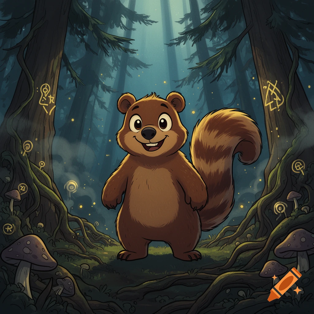 Cartoon illustration of a bear-squirrel hybrid standing in a mysterious forest with glowing runes and mushrooms.