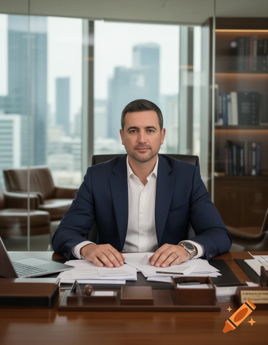 Photorealistic image of a businessman in a suit sitting at a large desk in an office with city view.