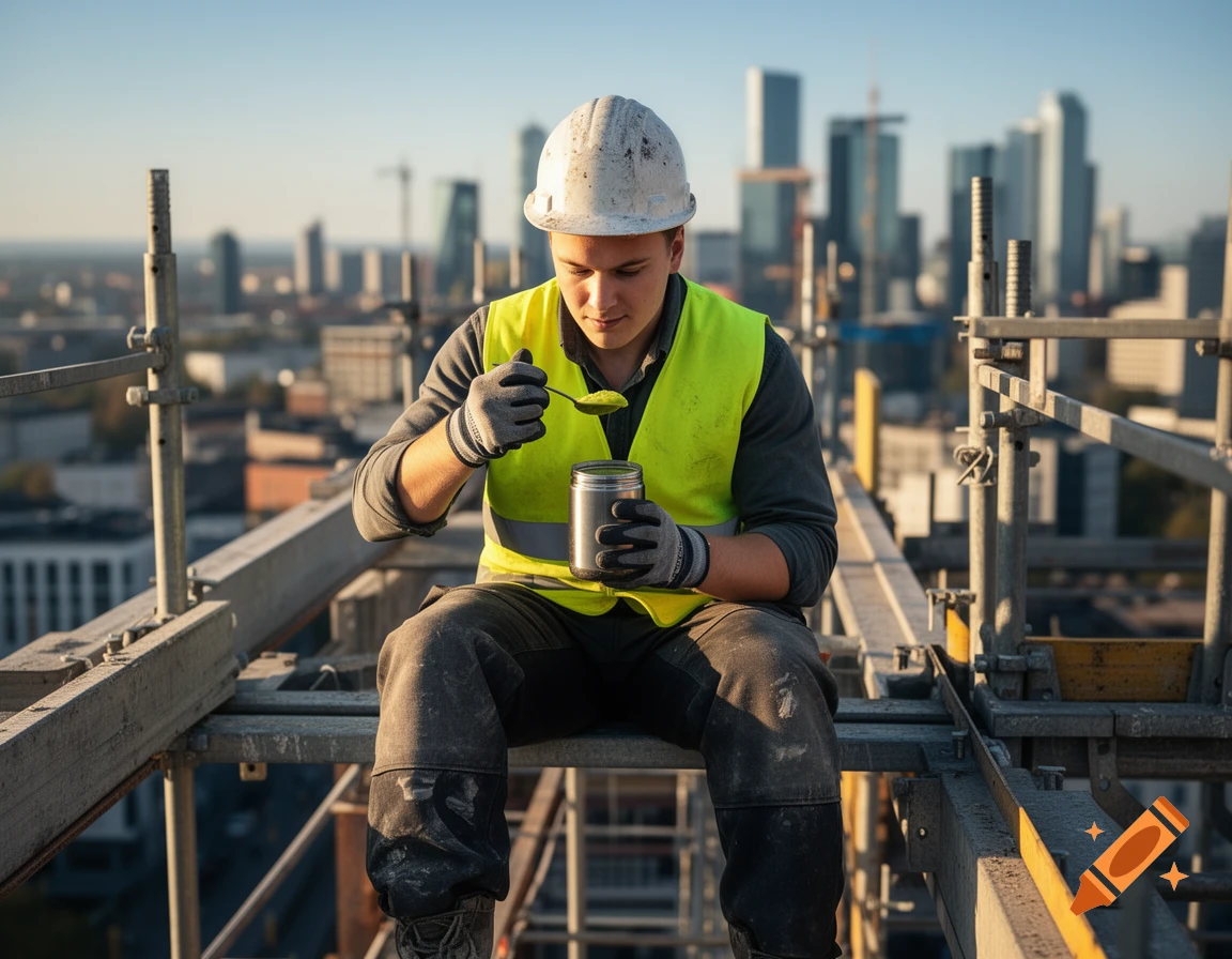 Photorealistic photo of a construction worker in a high-vis vest and hard hat, eating soup on scaffolding with a city skyline in the background.