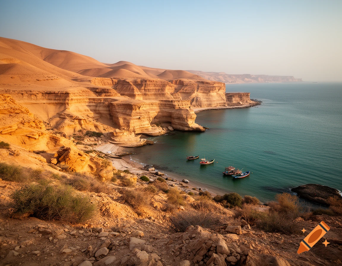 Photorealistic landscape of Qeshm Island with desert cliffs, sandy beach, and turquoise sea with small boats.