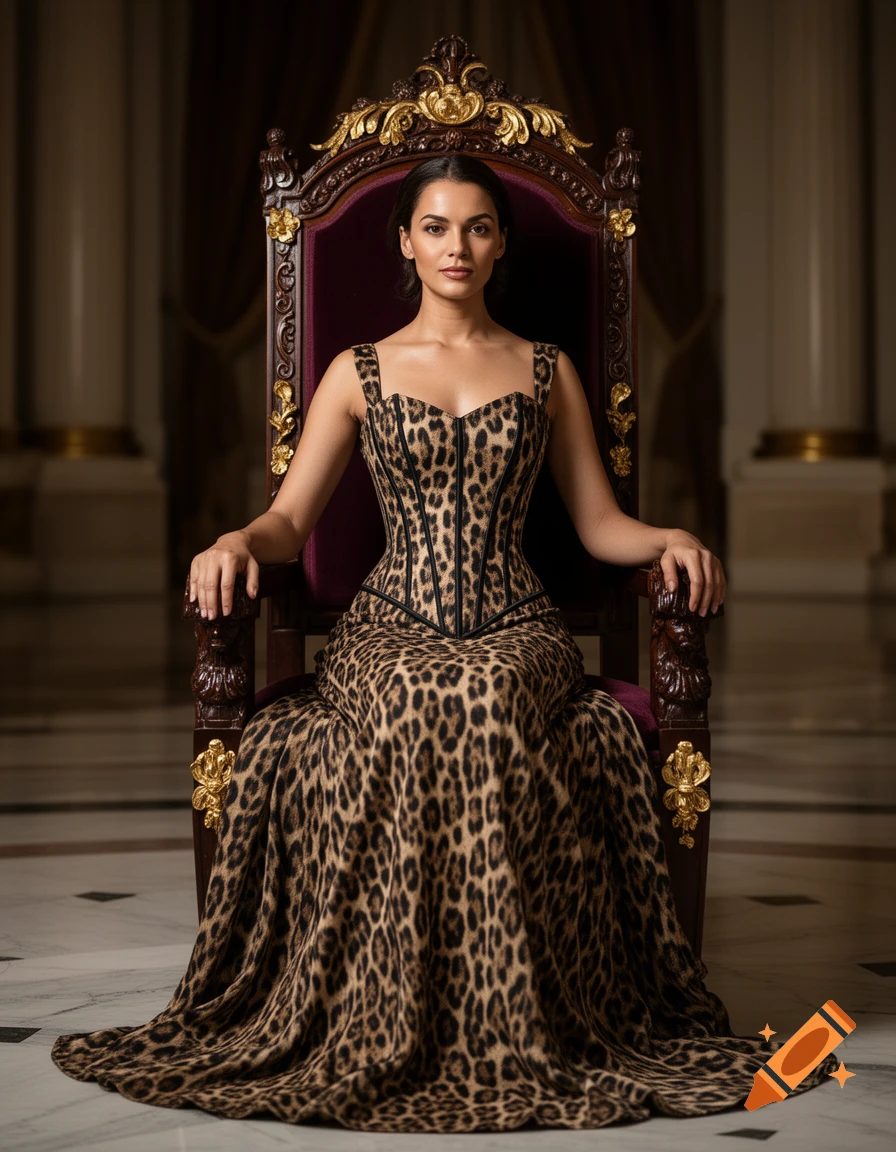 Photorealistic portrait of a woman sitting on an ornate throne wearing a long leopard print corset dress.