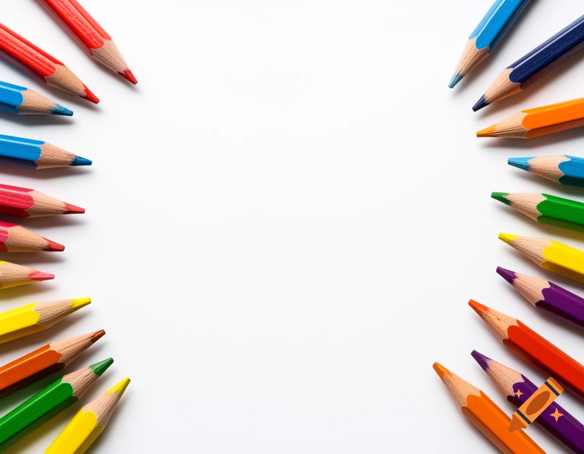 Colorful colored pencils arranged neatly along the edges of a white background with a blank center.