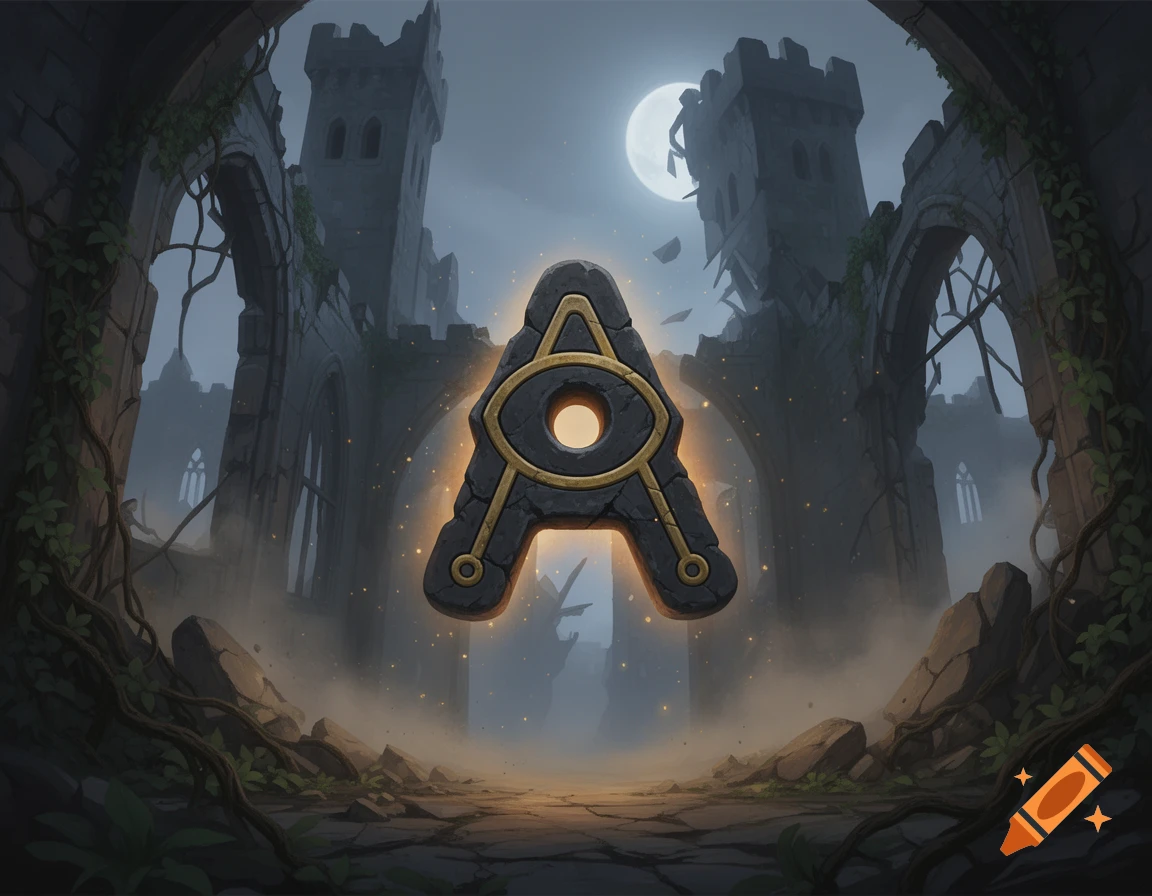 Digital illustration of an Unown A symbol floating inside ruined castle arches under a full moon.