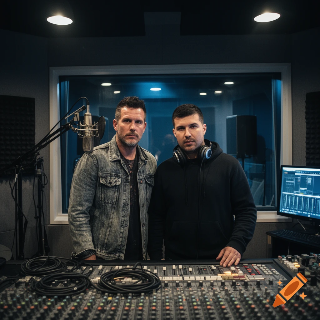 Two men standing in a recording studio in front of a large mixing console, photorealistic