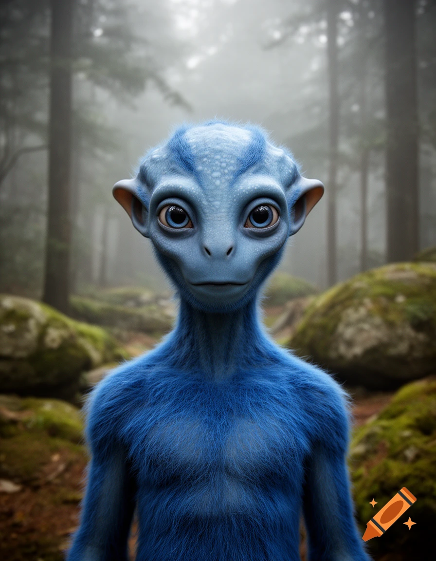 Photorealistic close-up of a blue furry alien with large dark eyes standing in a misty forest.