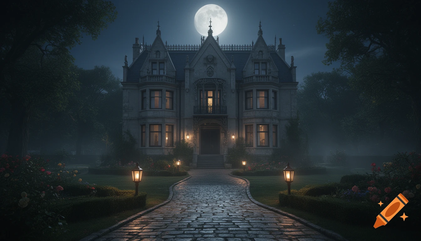 Photorealistic night scene of a Victorian mansion with illuminated windows and glowing lanterns along a cobblestone garden path under a full moon.