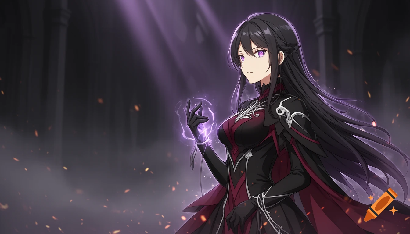 Anime style illustration of a female character with long black hair, purple eyes, and black and red fantasy armor, holding magical energy.