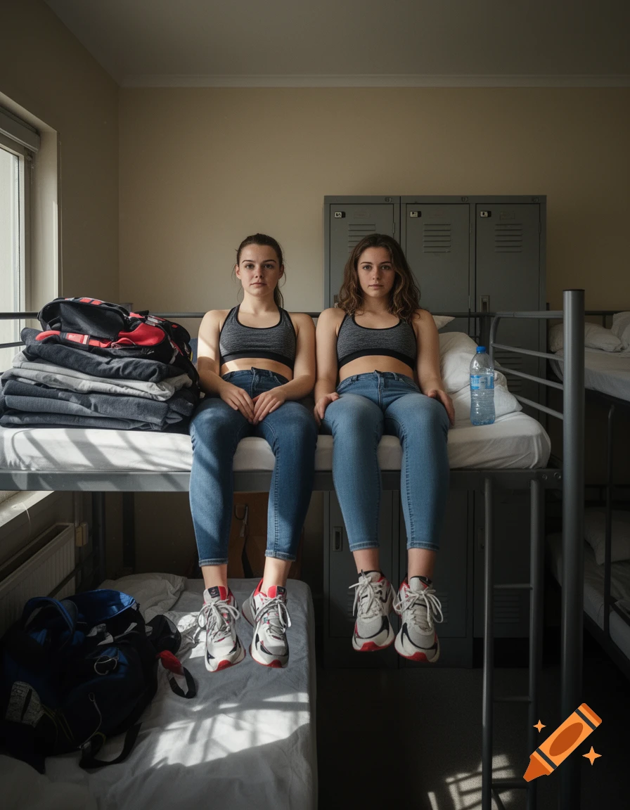 Two young women in sportswear and jeans sitting together on the top bunk of a hostel bed.