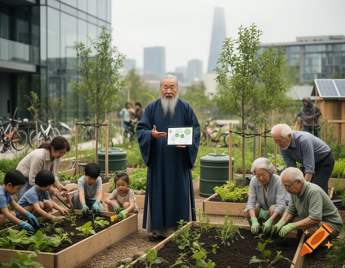 An elderly Asian man in a blue robe holding a tablet, surrounded by people of various ages gardening in urban raised beds.