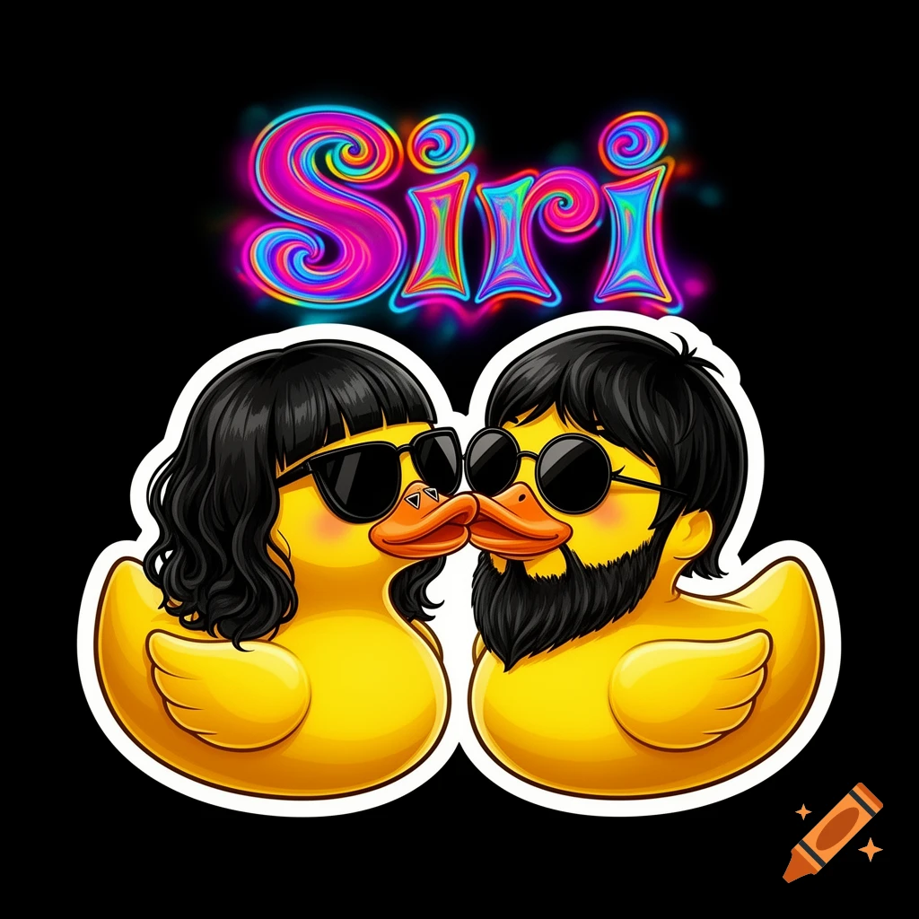 Sticker illustration of two rubber ducks with sunglasses and hair kissing under psychedelic psychedelic text reading Siri on black background.