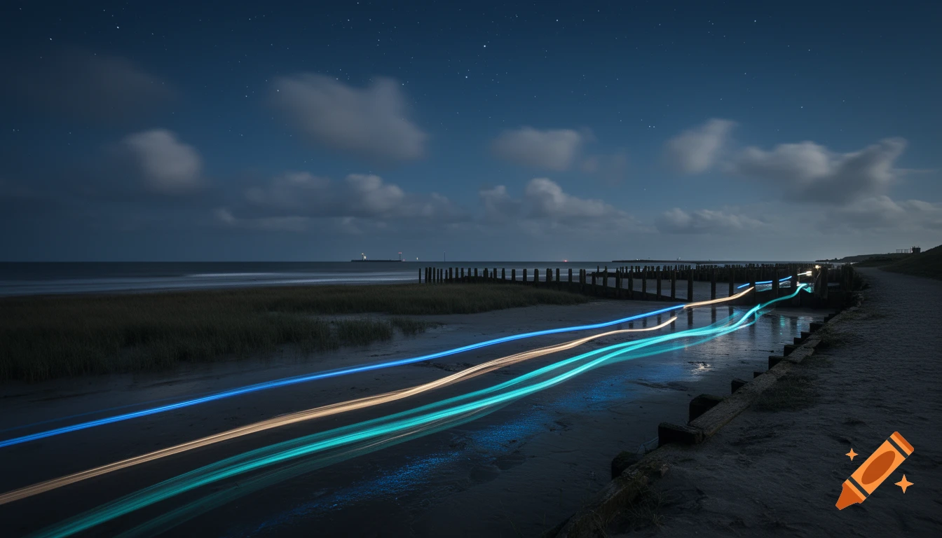 Photorealistic night landscape of an East Frisian coastal area with lightpainting traces along a sandy path.