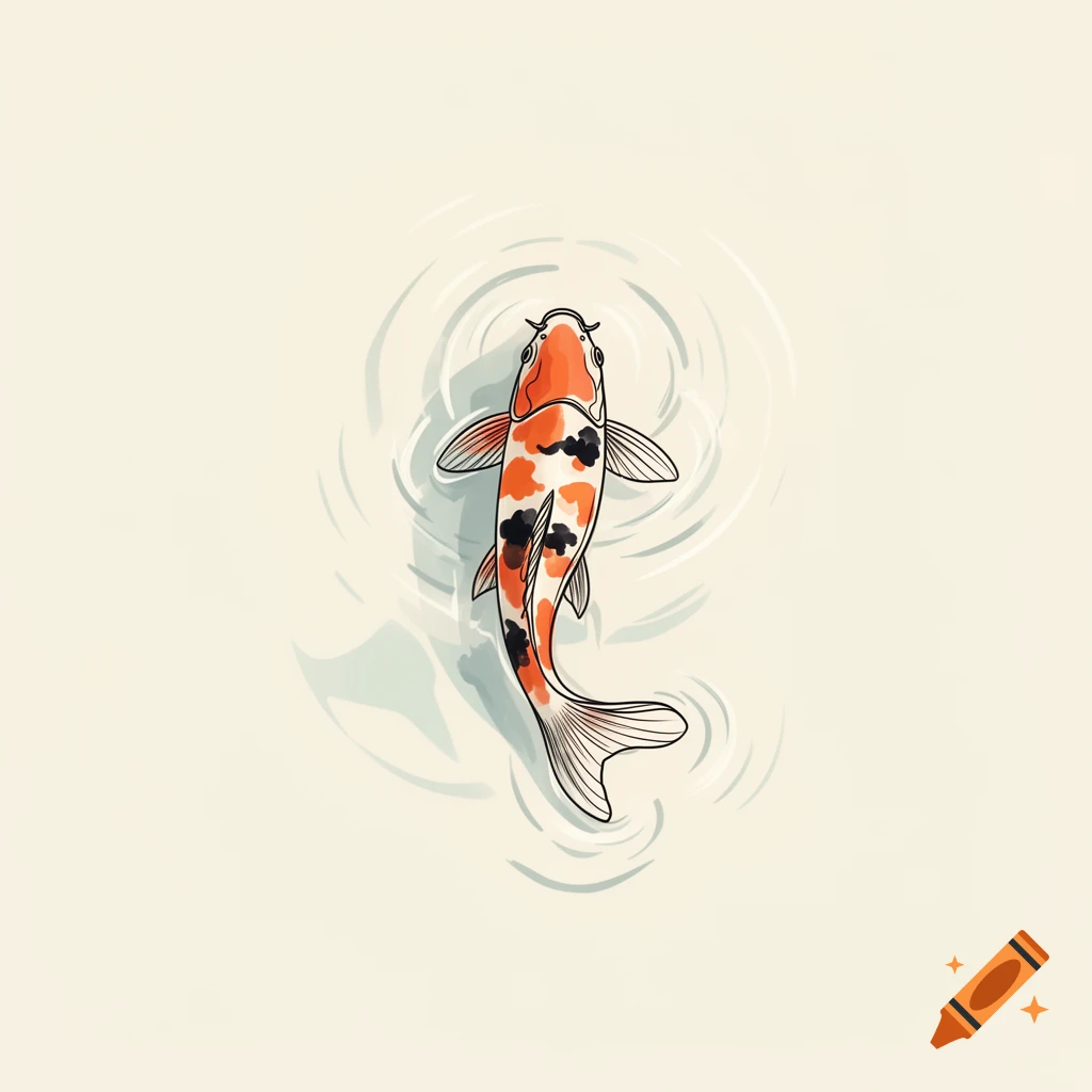 Top-down view of an orange, black, and white koi fish swimming in rippling water, minimalist watercolor illustration style