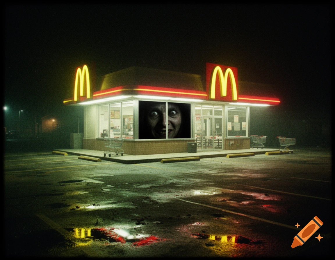 Photorealistic nighttime shot of an eerie McDonald's restaurant with a scary face staring out the window.