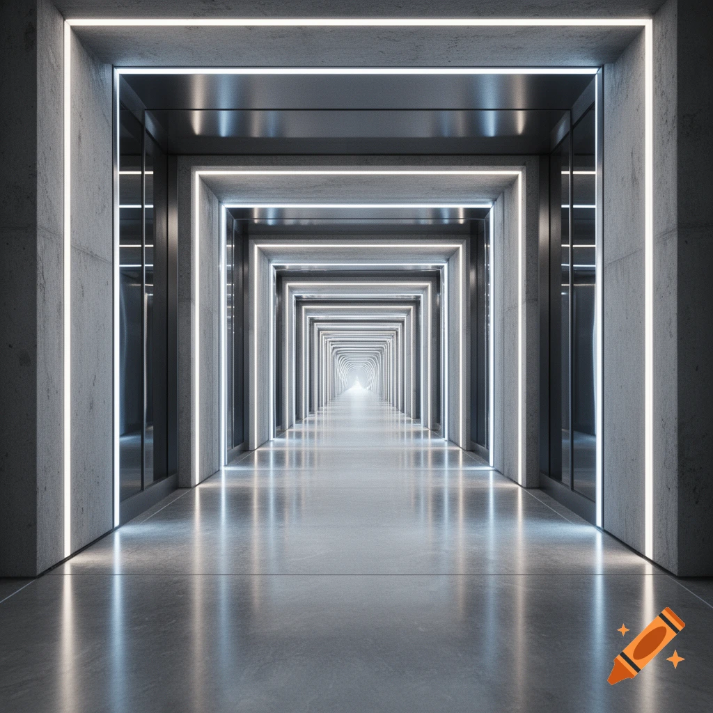 Photorealistic infinite concrete corridor with glowing white lights receding into the distance.