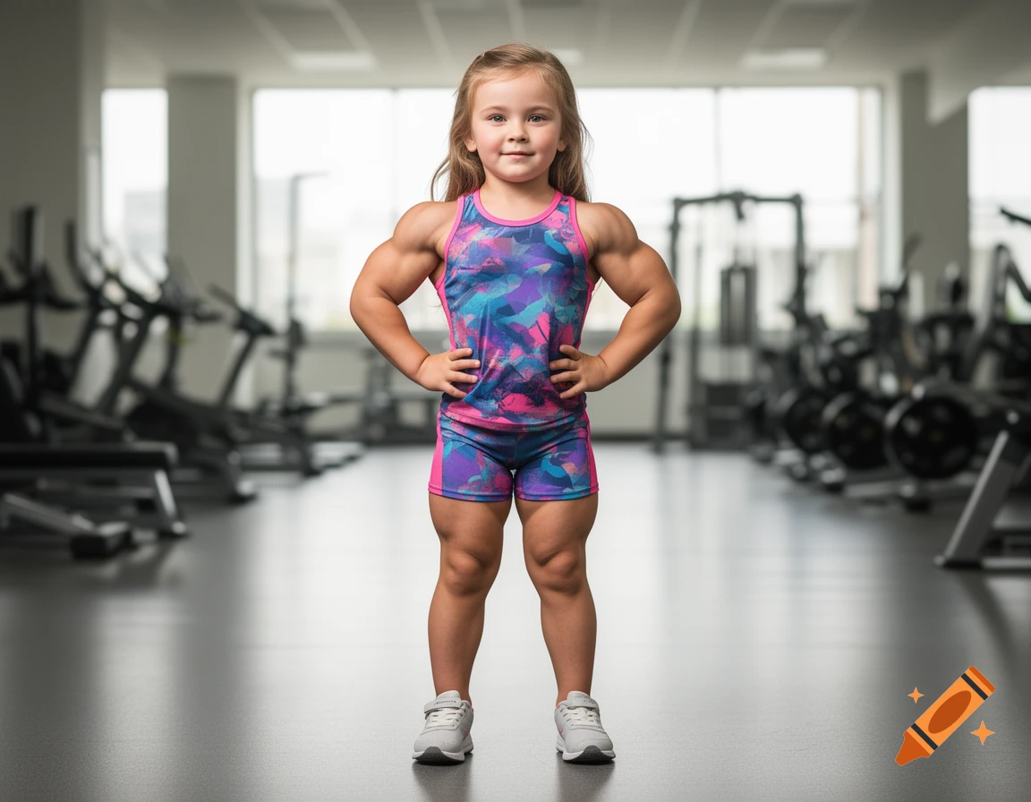 Photorealistic image of a young girl with muscular physique standing in a gym with weights in the background.
