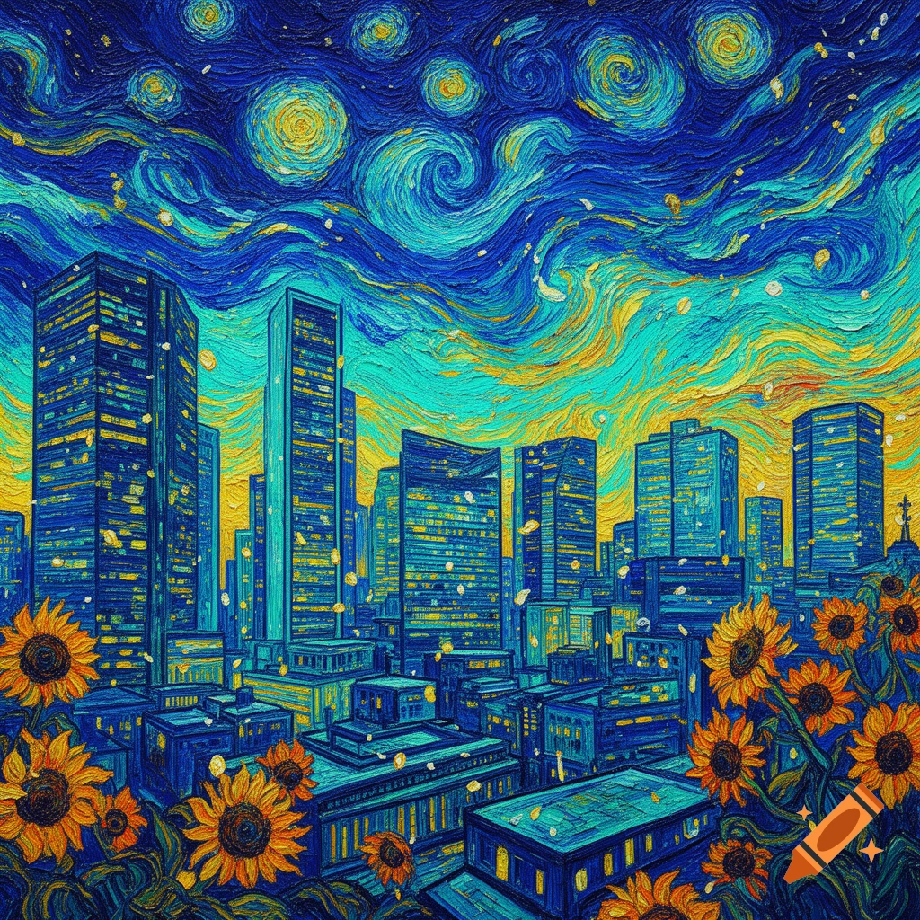 A modern cityscape with skyscrapers beneath a swirling, starry night sky in the style of Van Gogh, with sunflowers in the foreground.