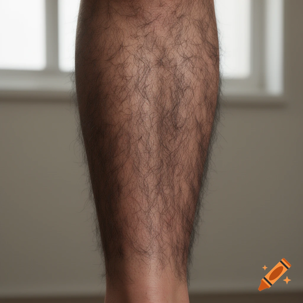 Close-up photorealistic shot of a hairy human calf and lower leg against a blurred background.