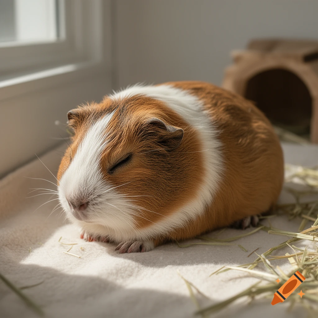 A close-up photorealistic shot of a brown and white guinea pig sleeping peacefully on a soft blanket with scattered hay.
