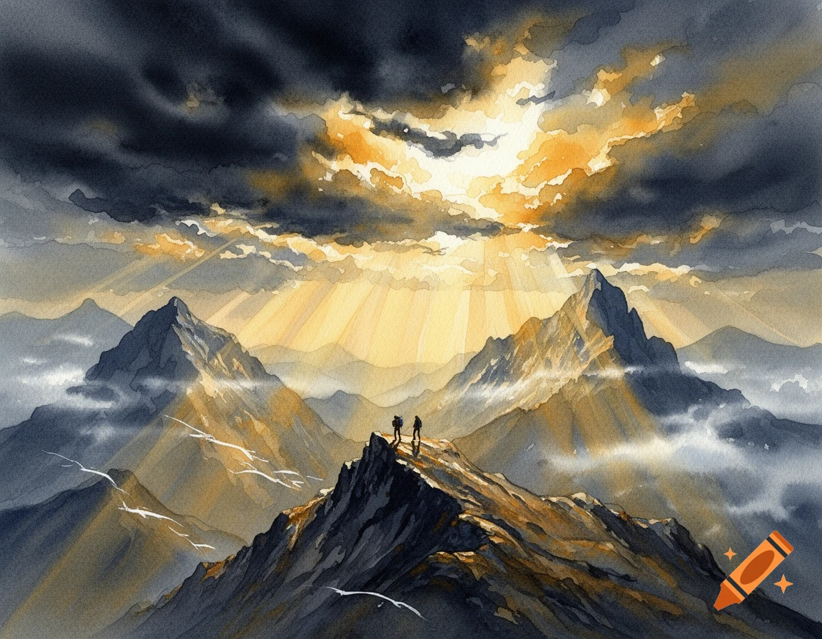 Watercolor painting of two hikers standing on a mountain ridge under a dramatic stormy sky with sunbeams breaking through dark clouds.