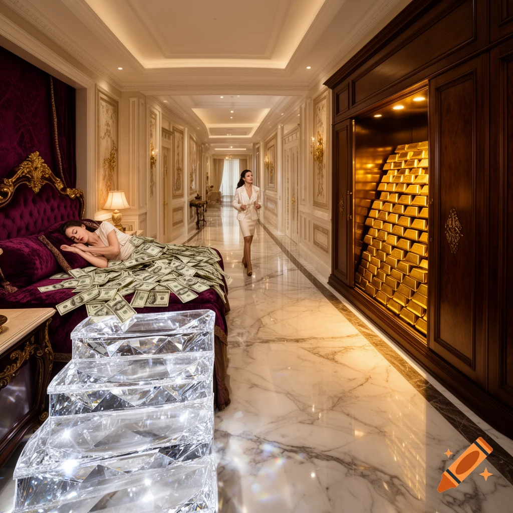 Photorealistic scene of a wealthy woman sleeping on a bed covered in dollar bills in a luxurious mansion hallway with a large gold vault.