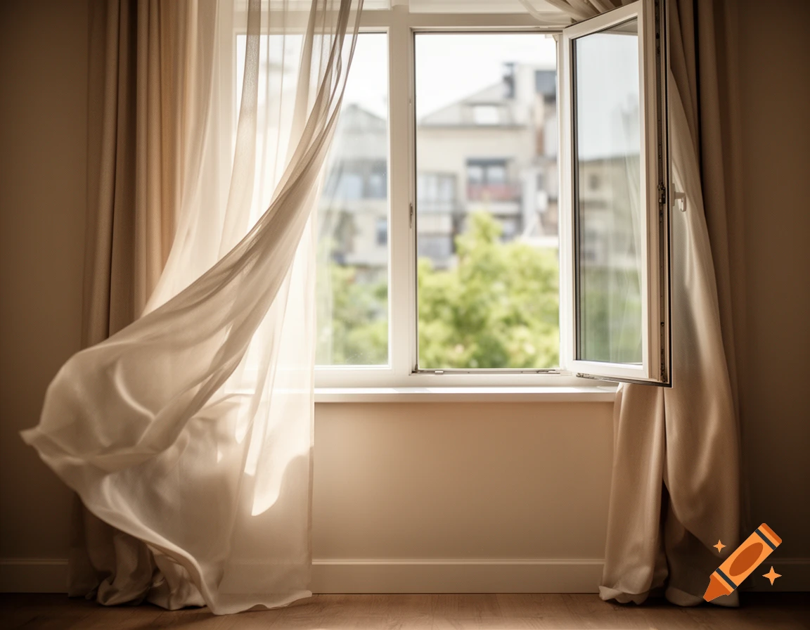 Photorealistic interior view through an open window with blowing sheer curtains revealing blurred buildings outside.