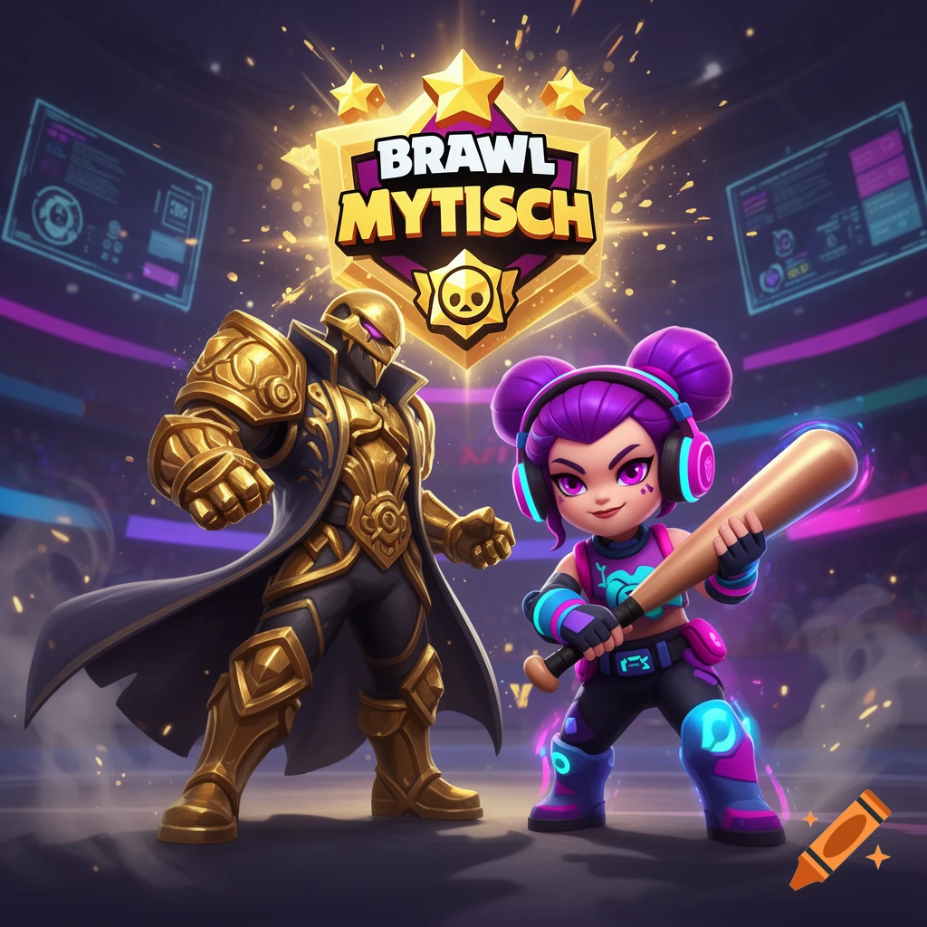 Digital illustration of Brawl Stars characters Mortis in golden armor and Gamer Bibi with a baseball bat, standing under a Mythic rank banner in an arena.