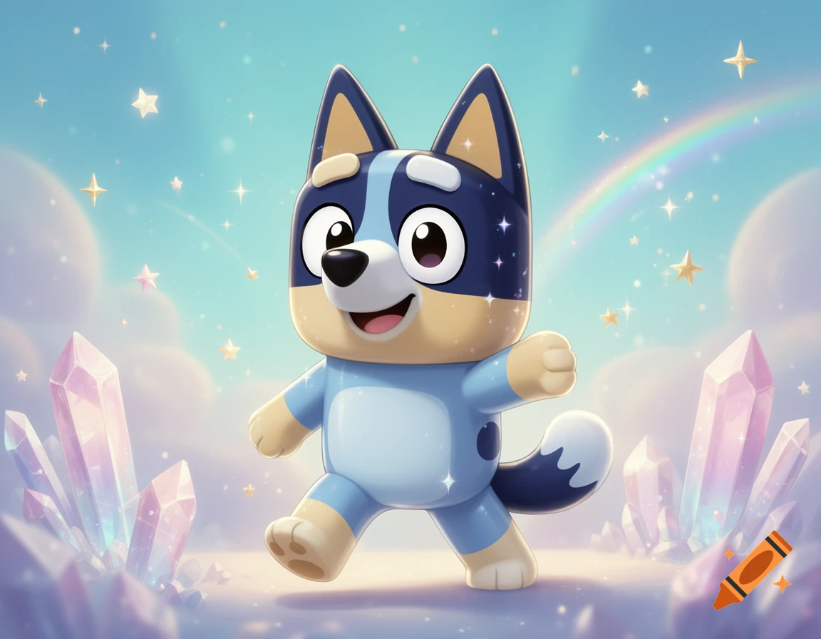 Bluey character in JewelPet anime style walking amidst sparkling crystals and a rainbow sky.