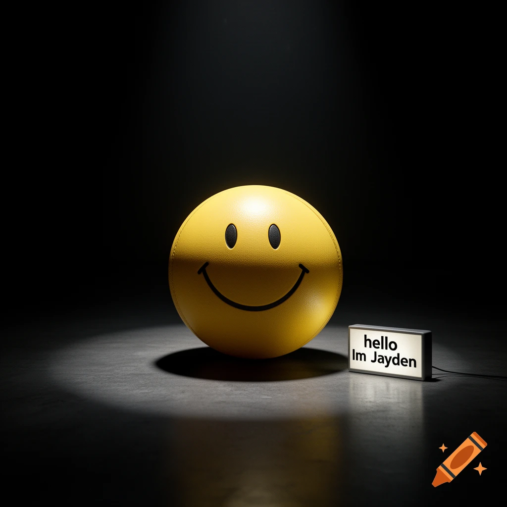 A yellow smiley face ball lit by a spotlight in a dark room, next to a small light box with the text hello Im Jayden.
