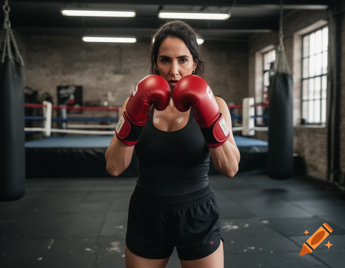 Photorealistic medium shot of a woman in a boxing stance wearing red gloves and black athletic wear inside a gym with a boxing ring in the background.