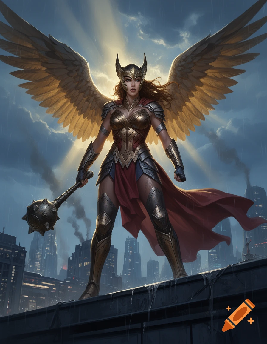 Digital art of Hawkgirl with large feathered wings and a mace, standing on a rooftop in a city skyline.