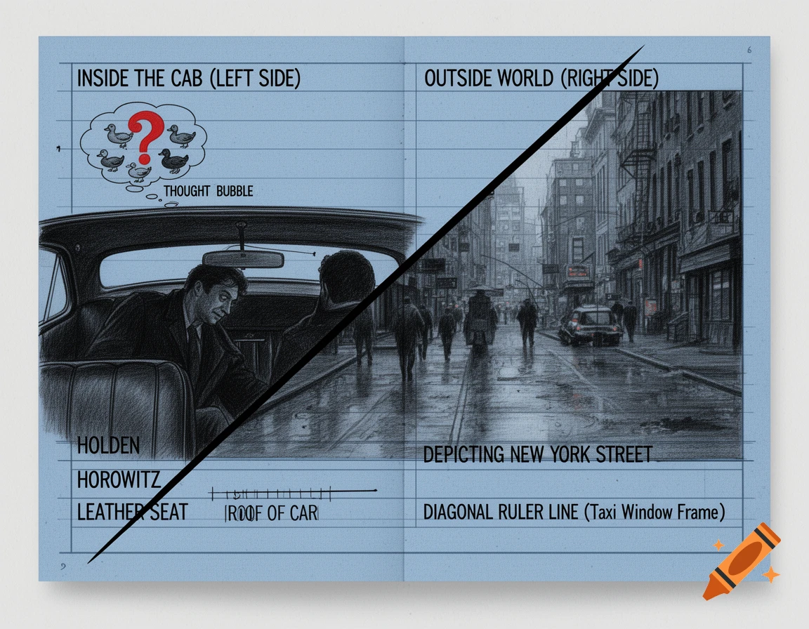 Blueprint illustration split diagonally, showing a car interior on the left and a rainy city street on the right.