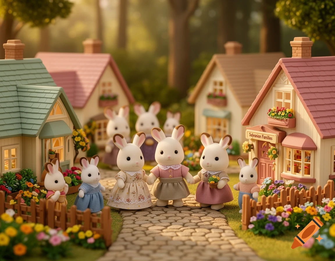 Detailed miniature diorama of anthropomorphic rabbit figures in Sylvanian Families style walking on a cobblestone path between toy houses.