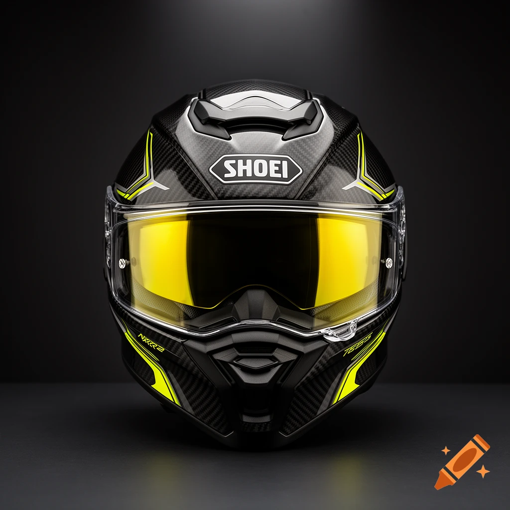 Photorealistic black carbon fiber Shoei motorcycle helmet with a bright yellow visor, centered against a dark background.