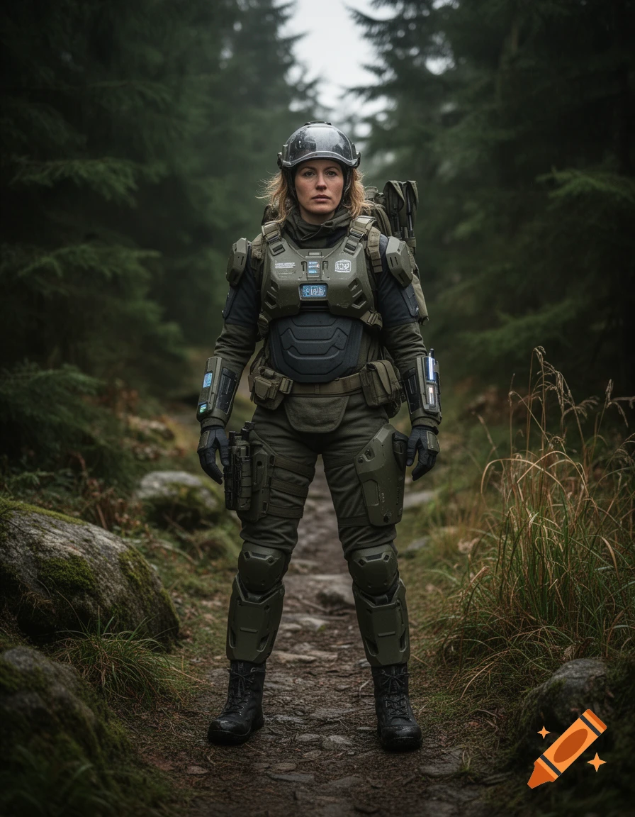 A photorealistic full-body portrait of a female scout in futuristic green tactical armor standing on a forest path.