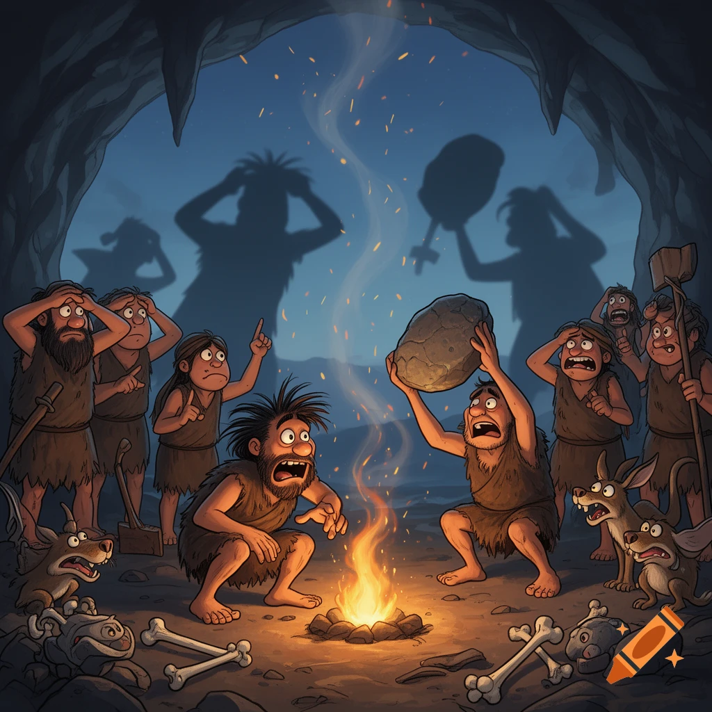 Cartoon illustration of cavemen and animals reacting in shock and confusion to the discovery of fire inside a cave.