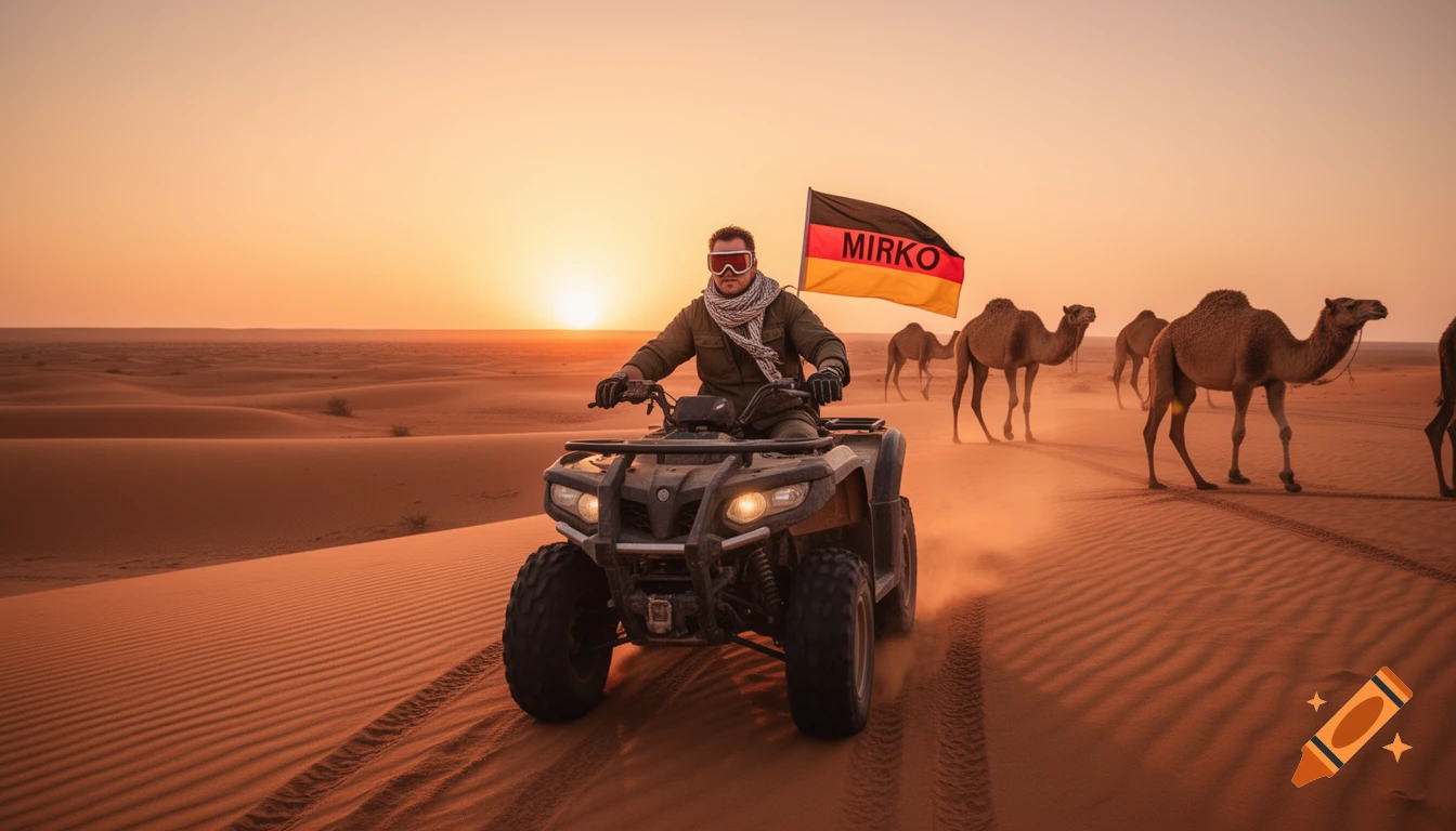 Photorealistic image of a man driving an ATV in a desert at sunset, passing camels and carrying a German flag with the name MIRKO.