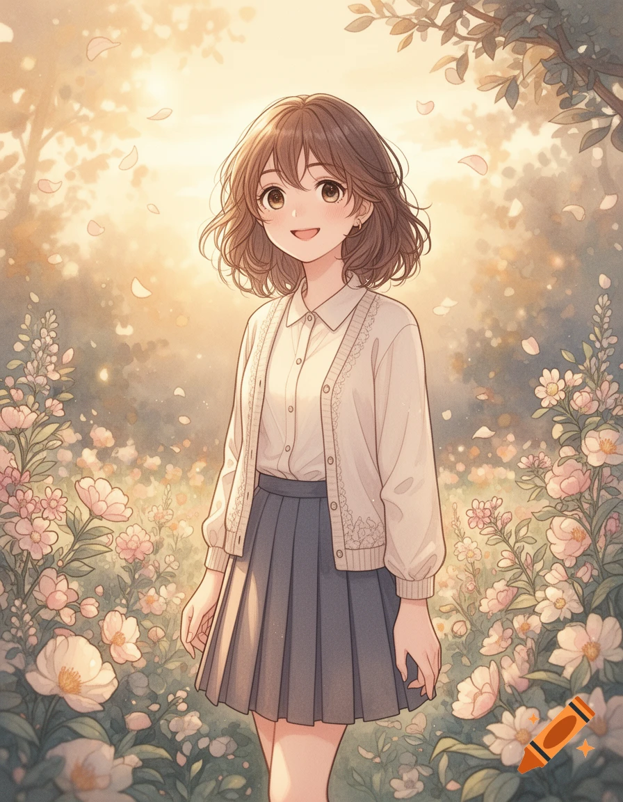Anime style illustration of a smiling teenage girl with brown hair wearing a cardigan and pleated skirt in a sunny flower garden.