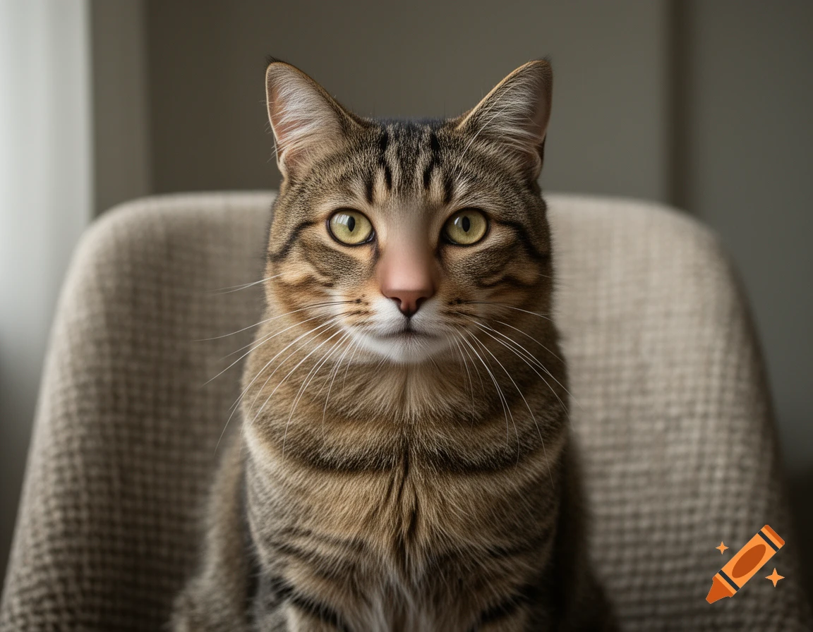 Photorealistic close-up portrait of a tabby cat featuring a human-like face, sitting on a chair.