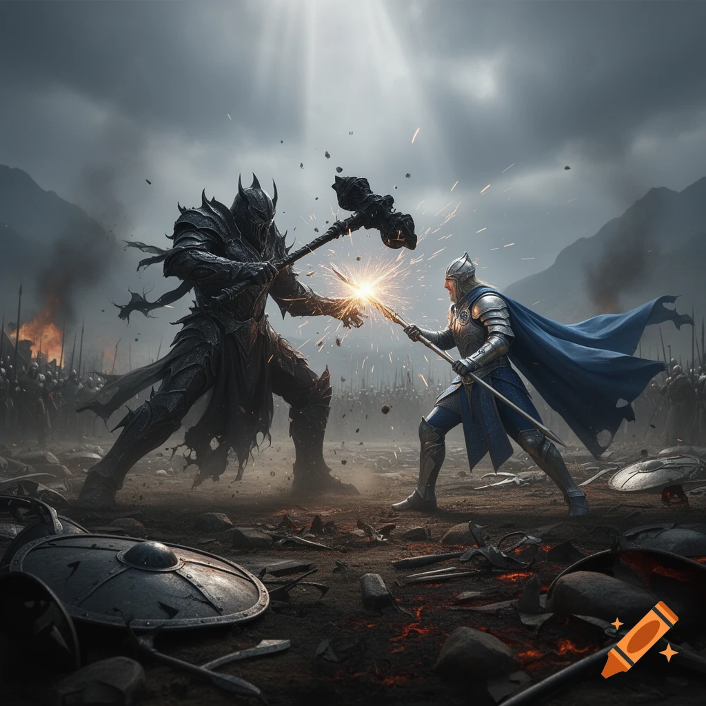 Photorealistic fantasy illustration of a dark armored warrior fighting a knight with a spear in a desolate landscape.