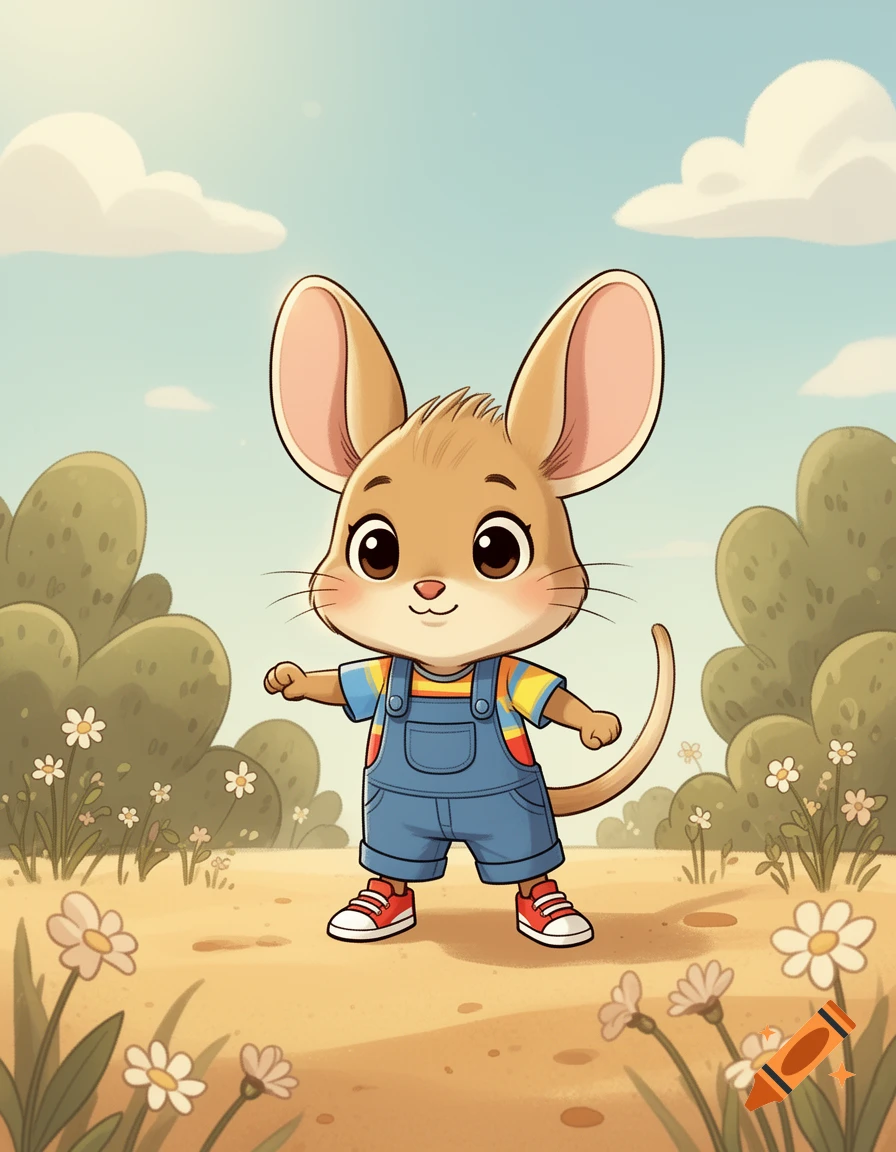 Cute cartoon mouse wearing blue overalls and red sneakers standing in a meadow with flowers, digital art style.