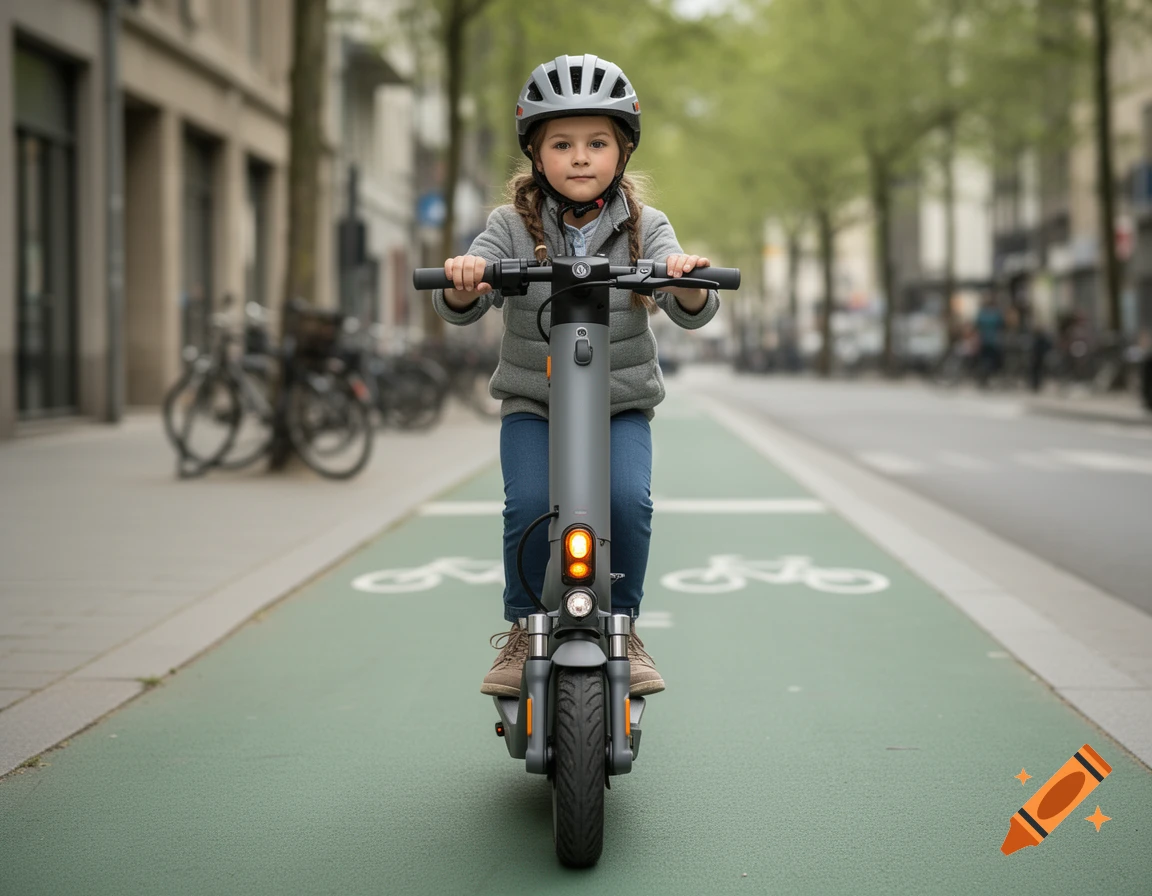 A young girl wearing a helmet rides a gray e-scooter on a green bike lane in an urban setting.