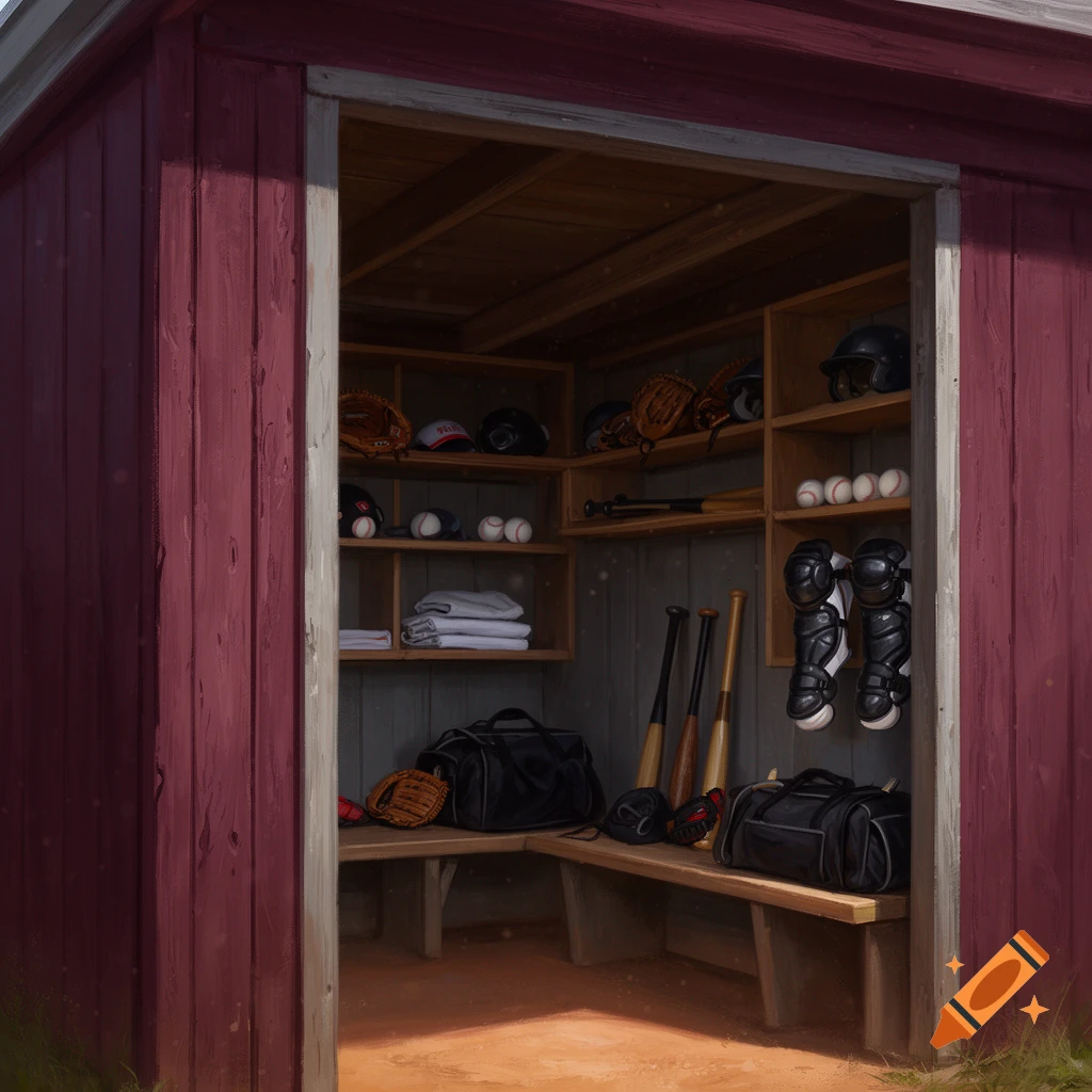 Digital painting of the interior of a maroon and grey wooden baseball dugout filled with gear, bats, and helmets.
