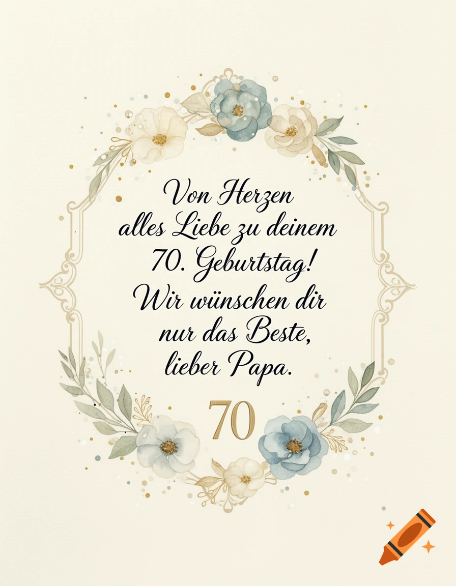 Watercolor birthday card with floral wreath and German text celebrating a 70th birthday.