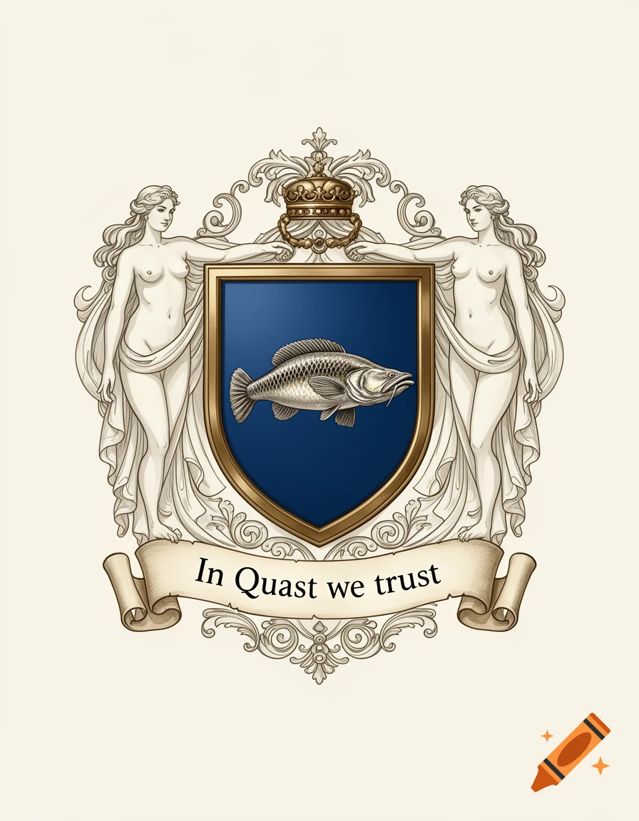 An illustrated coat of arms featuring a blue shield with a fish, flanked by two nude female figures and topped with a crown and banner with text.