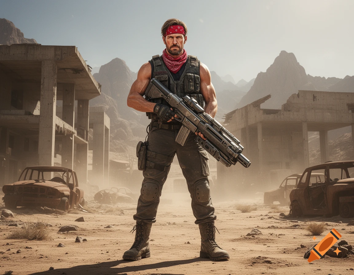 Photorealistic full-body shot of a muscular man wearing a red bandana and tactical gear, holding a large futuristic weapon in a ruined post-apocalyptic desert city.