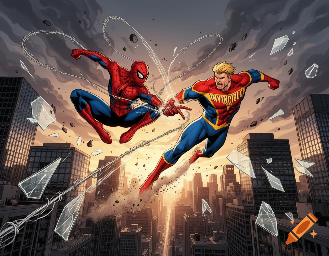 Comic book style illustration of Spider-Man and Invincible clashing in mid-air above a city skyline with shattered glass fragments.