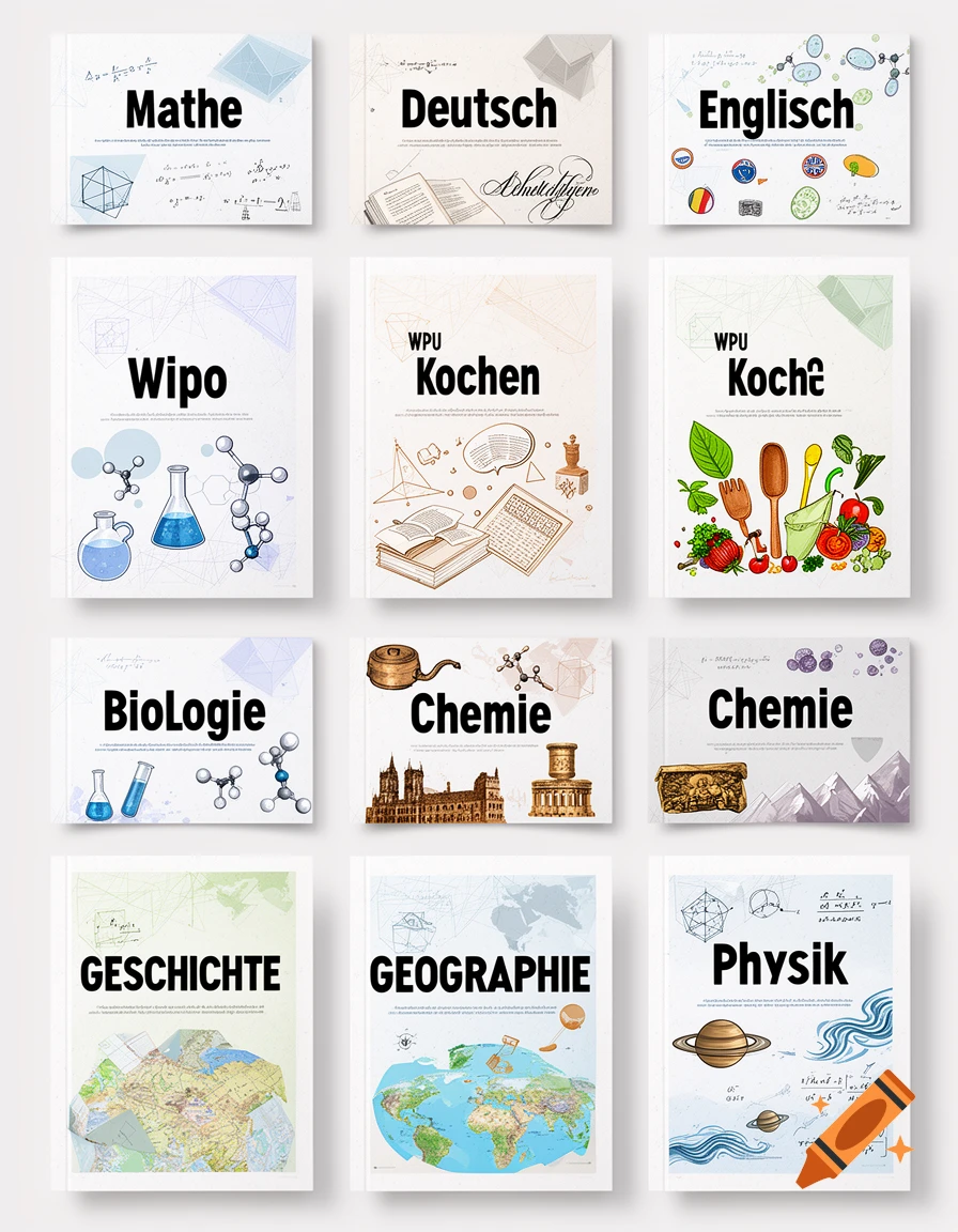 A grid of 12 illustrated school subject title pages in German with scientific and artistic drawings.