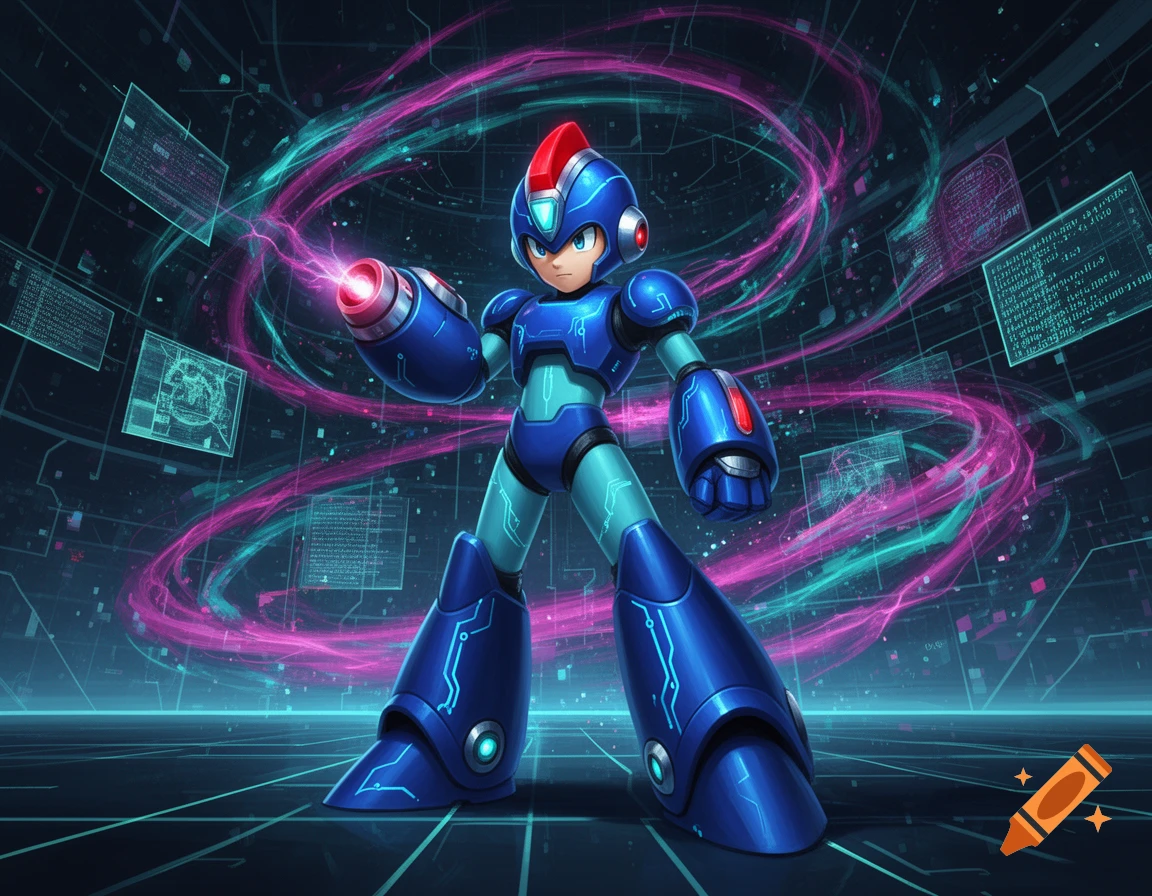 Megaman in a blue armor suit standing in a digital cyber space with glowing pink energy swirls.