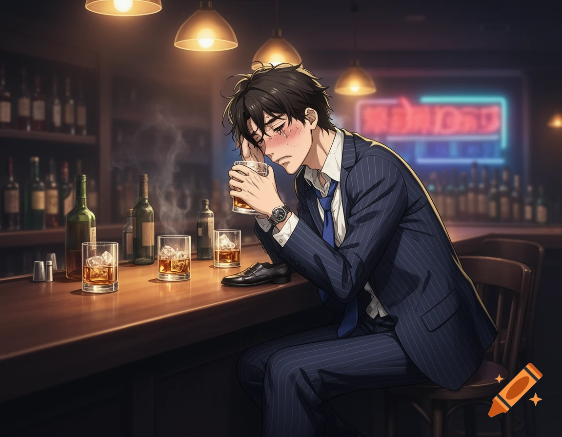 Anime style illustration of a tired businessman in a suit sitting at a bar counter, drinking whiskey with red glowing neon sign in background.